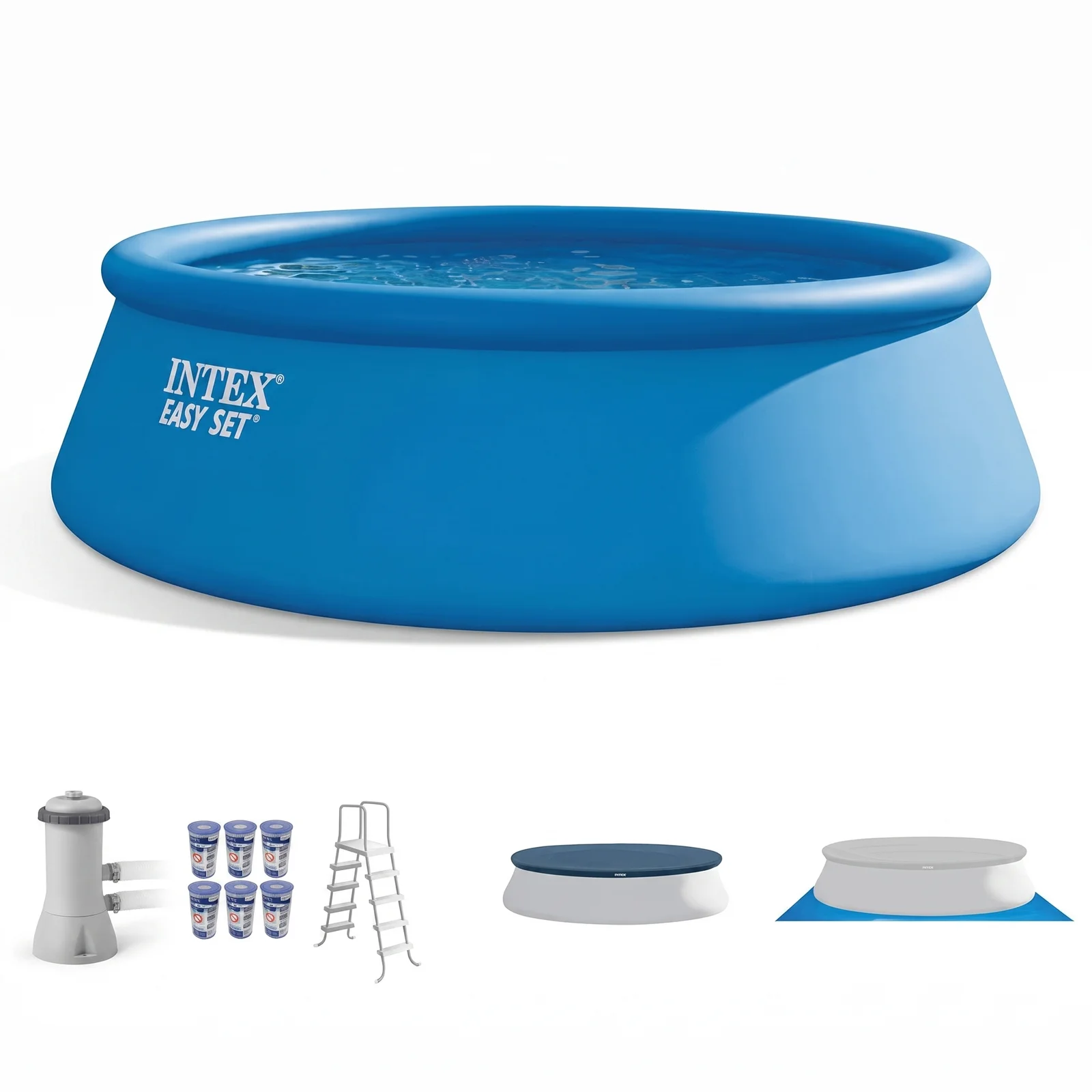download (38) Kit de piscina elevada para exteriores, de PVC y acero, color azul, fácil montaje; incluye escalera, cubierta, bomba de filtrado de 1000 GPH con GFCI y 6 depósitos - Imagen 1
