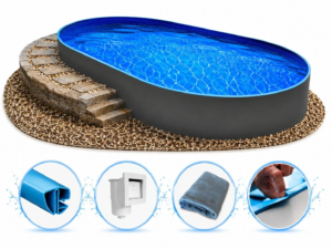 Piscina ovalada de acero Ibiza (para instalar enterrada o semienterrada) con pared de 0,6 mm y liner