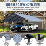 Cochera metálica resistente de 20 x 20 pies – Estructura y techo de acero galvanizado; protección contra todo tipo de clima y cargas de nieve para automóviles, SUV, camionetas, vehículos recreativos (RV) y embarcaciones; resistente a los rayos UV. - Imagen 6